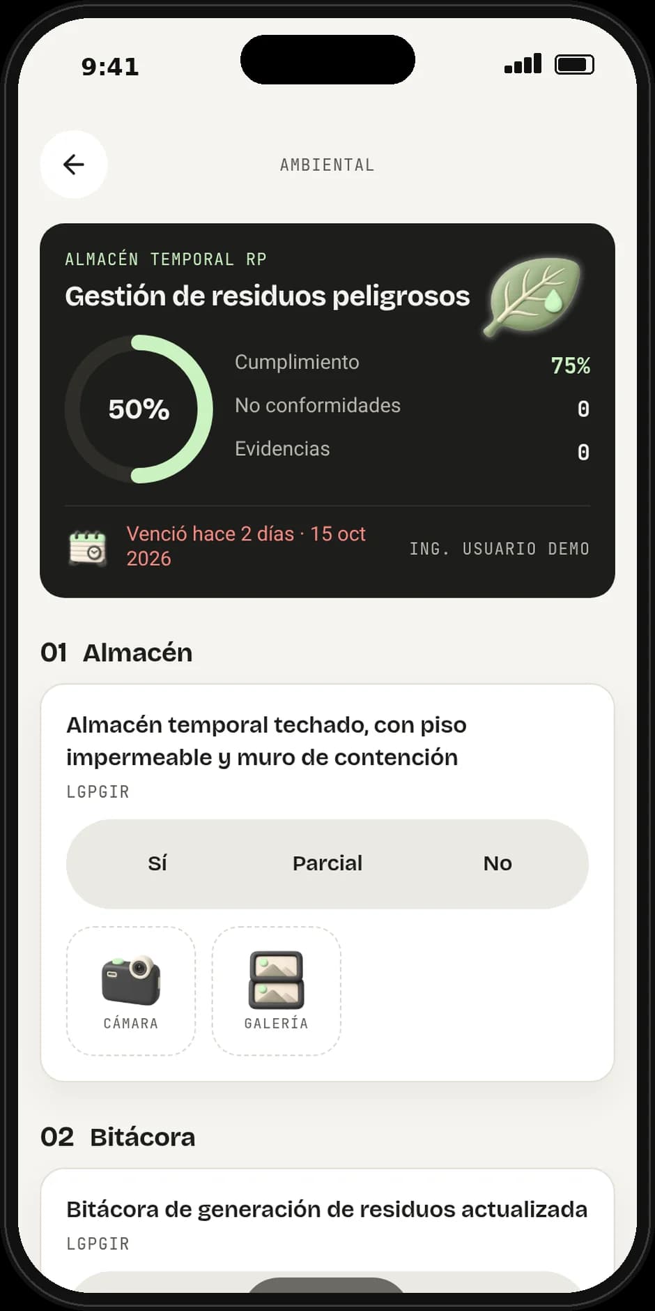 Checklist de cumplimiento en la app