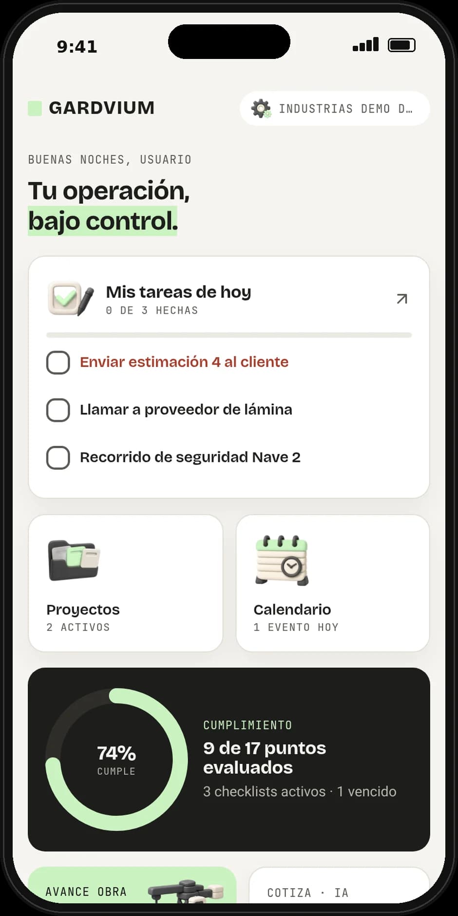 Pantalla de inicio de la app GARDVIUM